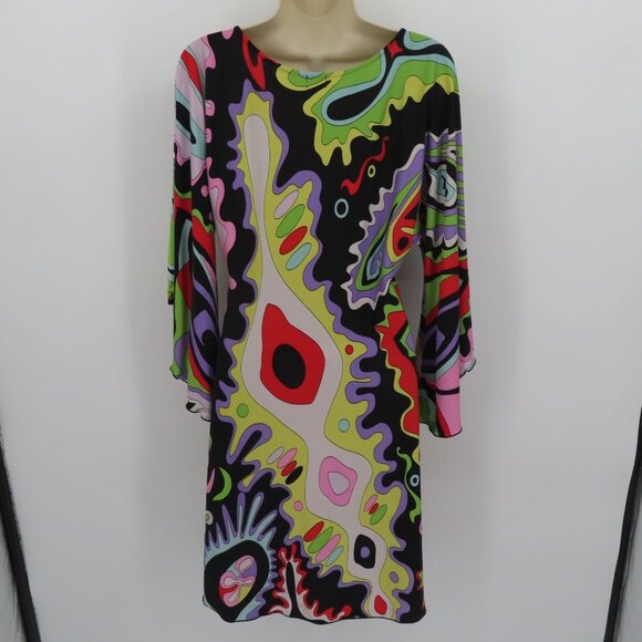 Cache Women Medium Groovy Disco Swirl Multicolor Retro Scoop Neck All Silk Dress - Picture 5 of 11
